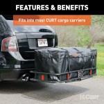 CURT Cargo Bag - Durable, Waterproof, UV-Resistant Storage Black CURT cargo bag made from UV-resistant vinyl, securely fitted on a cargo carrier.