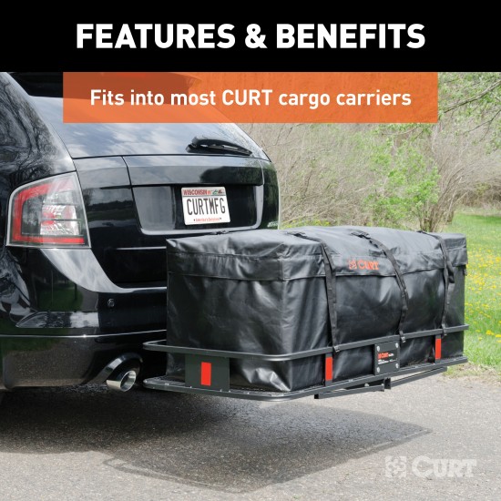 CURT Cargo Bag - Durable, Waterproof, UV-Resistant Storage Black CURT cargo bag made from UV-resistant vinyl, securely fitted on a cargo carrier.
