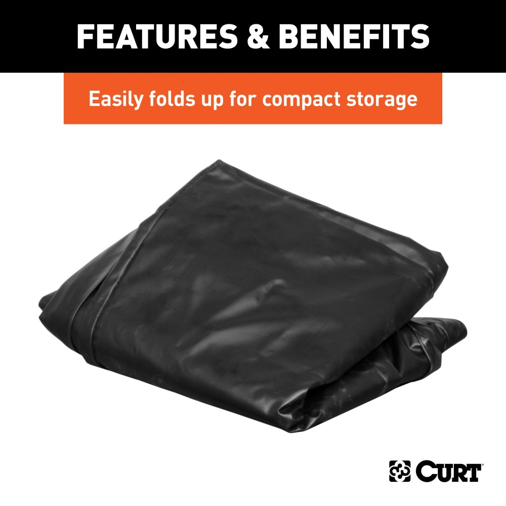 CURT Cargo Bag - Durable, Waterproof, UV-Resistant Storage Black CURT cargo bag made from UV-resistant vinyl, securely fitted on a cargo carrier.