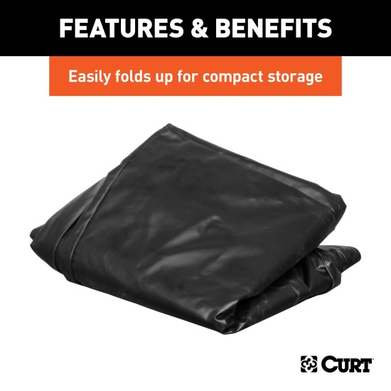 CURT Cargo Bag - Durable, Waterproof, UV-Resistant Storage Black CURT cargo bag made from UV-resistant vinyl, securely fitted on a cargo carrier.