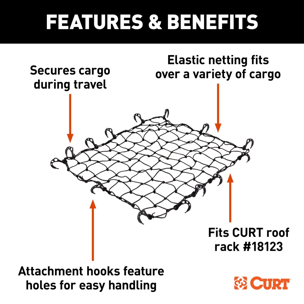 CURT Cargo Carrier Net - Secure Your Cargo with Reliable Netting CURT cargo carrier net securely fastened over roof rack with hooks