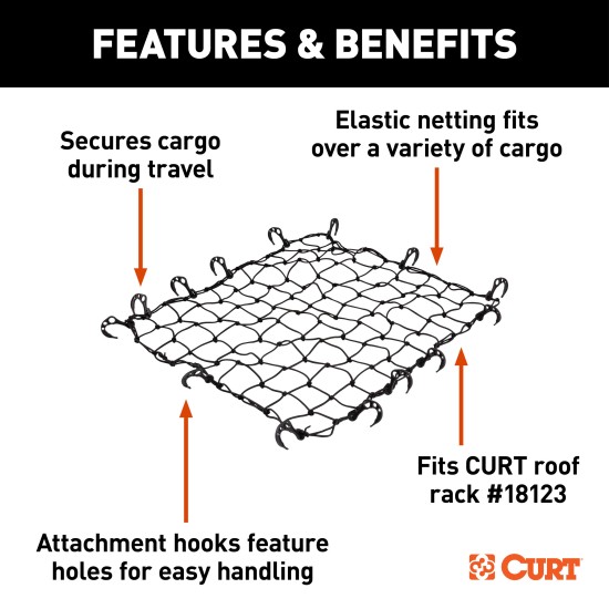 CURT Cargo Carrier Net - Secure Your Cargo with Reliable Netting CURT cargo carrier net securely fastened over roof rack with hooks