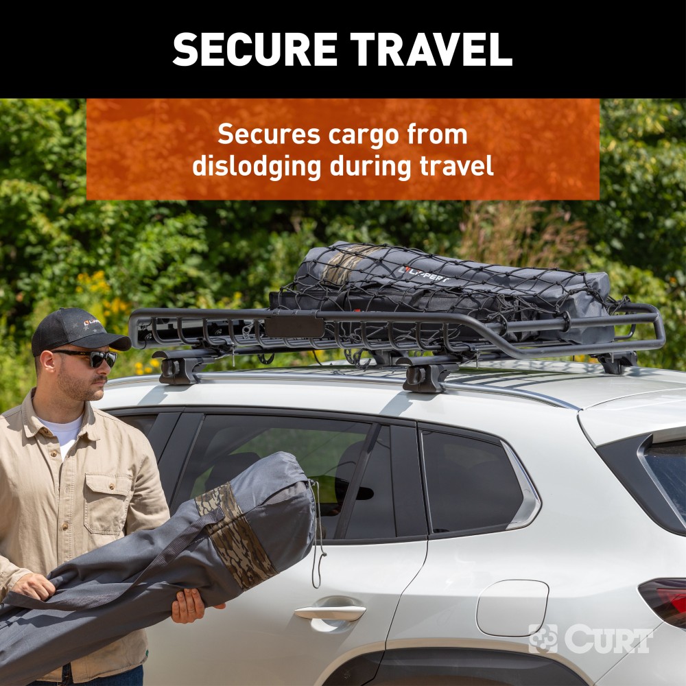 CURT Cargo Carrier Net - Secure Your Cargo with Reliable Netting CURT cargo carrier net securely fastened over roof rack with hooks