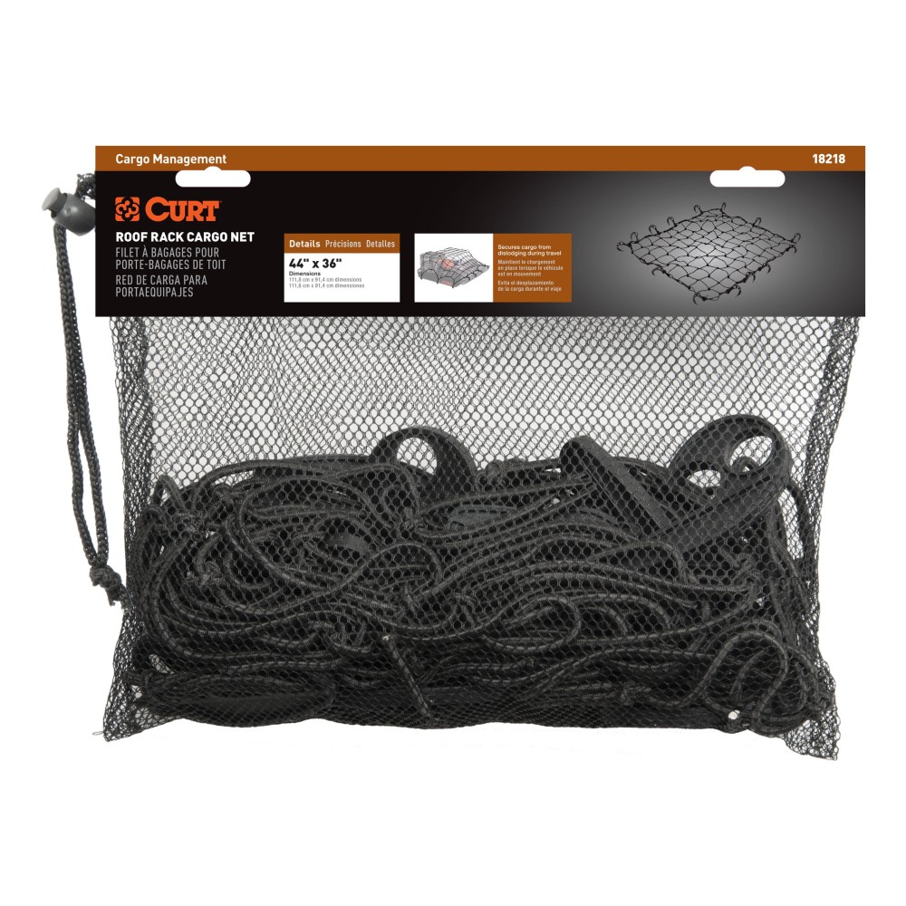 CURT Cargo Carrier Net - Secure Your Cargo with Reliable Netting CURT cargo carrier net securely fastened over roof rack with hooks