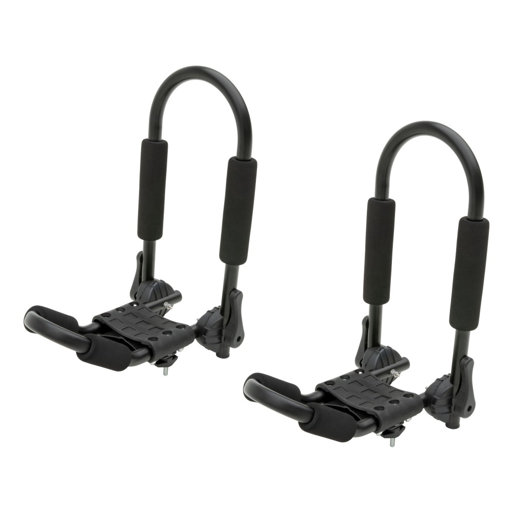 CURT kayak roof rack with adjustable arms and foam padding on vehicle roof