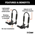 CURT Kayak Roof Rack with Rotating Arms and Foam Padding CURT kayak roof rack with adjustable arms and foam padding on vehicle roof