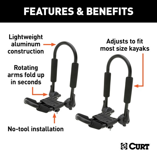 CURT Kayak Roof Rack with Rotating Arms and Foam Padding CURT kayak roof rack with adjustable arms and foam padding on vehicle roof
