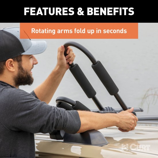 CURT Kayak Roof Rack with Rotating Arms and Foam Padding CURT kayak roof rack with adjustable arms and foam padding on vehicle roof