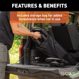CURT Kayak Roof Rack with Rotating Arms and Foam Padding CURT kayak roof rack with adjustable arms and foam padding on vehicle roof