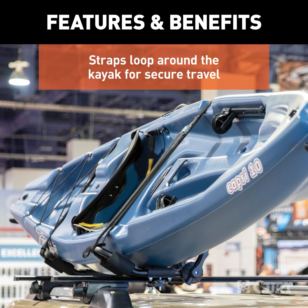 CURT kayak roof rack with adjustable arms and foam padding on vehicle roof