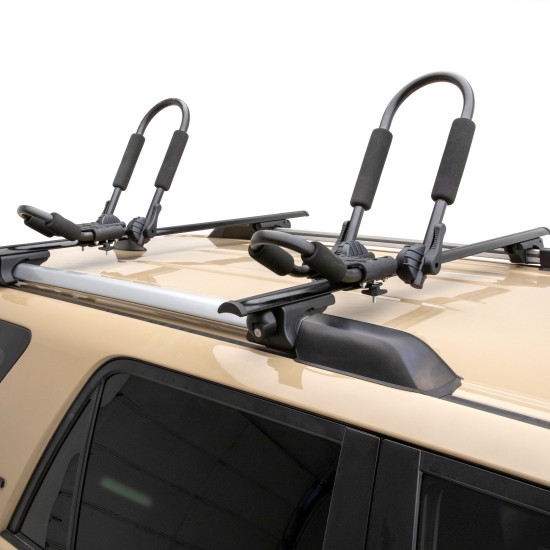 CURT Kayak Roof Rack with Rotating Arms and Foam Padding CURT kayak roof rack with adjustable arms and foam padding on vehicle roof