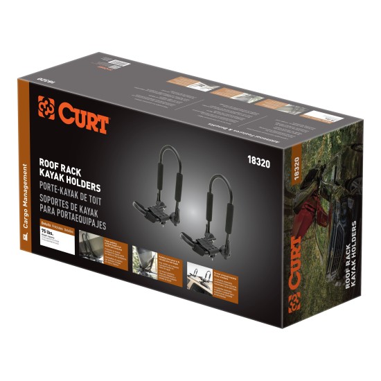 CURT Kayak Roof Rack with Rotating Arms and Foam Padding CURT kayak roof rack with adjustable arms and foam padding on vehicle roof