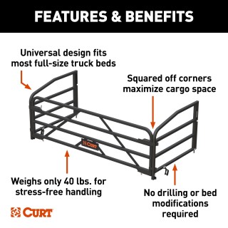 CURT Universal Truck Bed Extender with Pin-Latch System CURT truck bed extender adding extra length with no drilling, featuring fold-down tailgate for easy cargo access.
