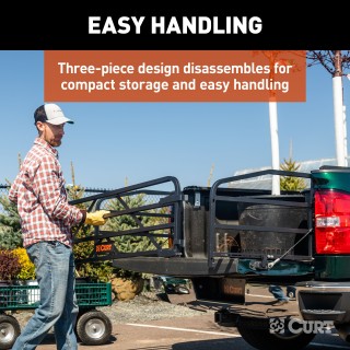 CURT Universal Truck Bed Extender with Pin-Latch System CURT truck bed extender adding extra length with no drilling, featuring fold-down tailgate for easy cargo access.