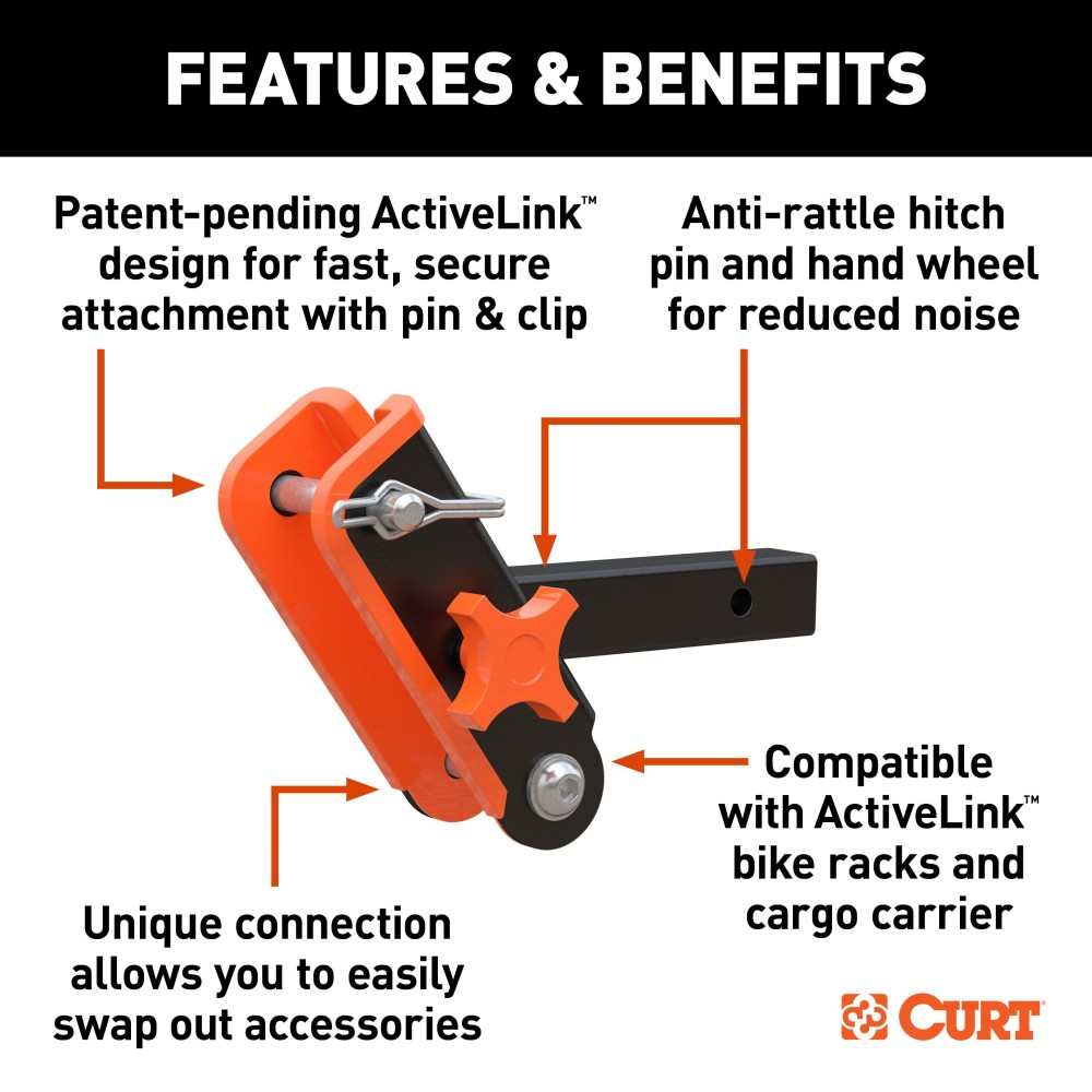 CURT ActiveLink Adjustable Drop Hitch for Outdoor Accessories CURT ActiveLink system with adjustable drop hitch for easy accessory swaps