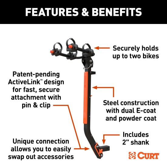CURT ActiveLink SE 2-Bike Rack with Innovative Hitch System CURT ActiveLink SE bike rack holding two bikes on a vehicle hitch.
