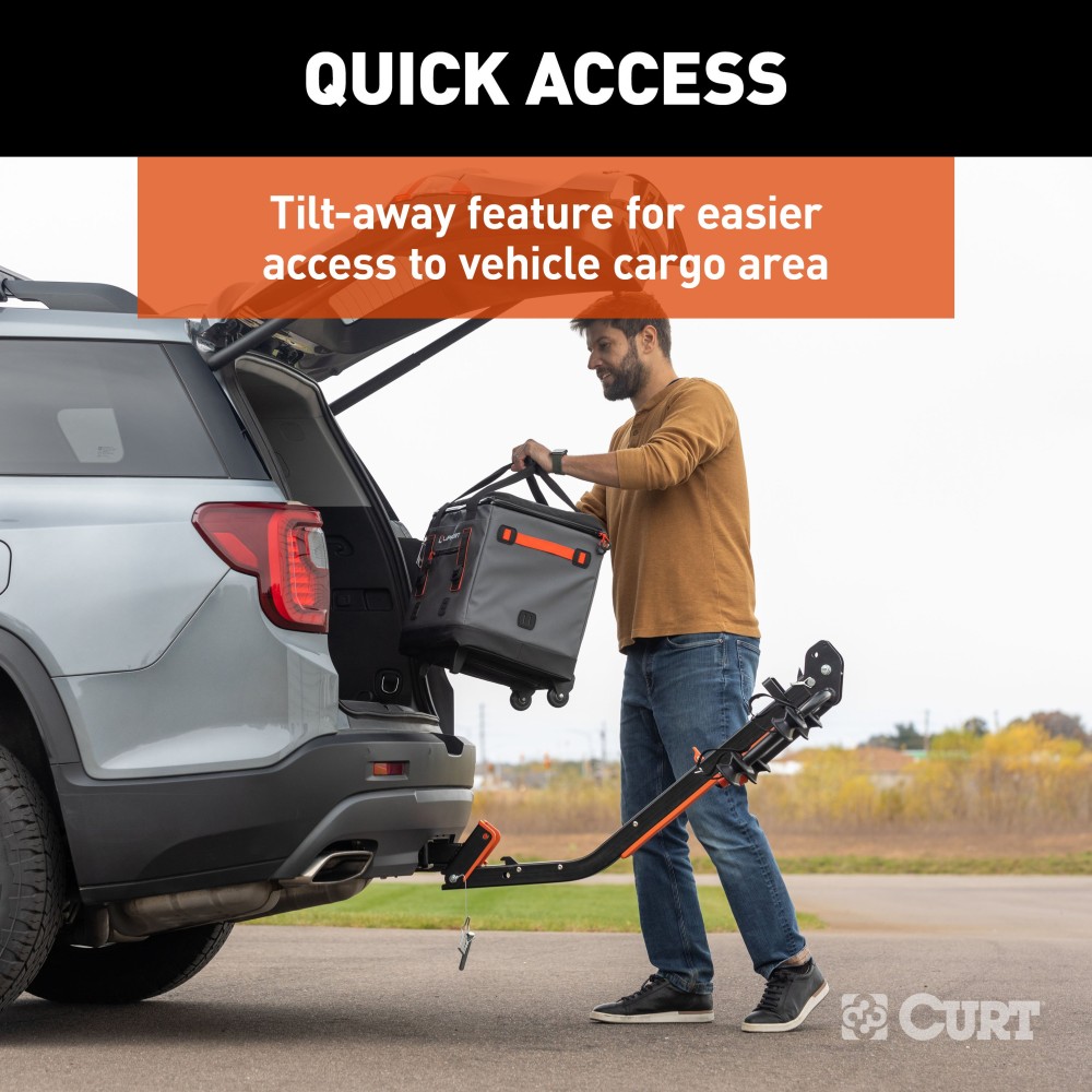 CURT ActiveLink SE bike rack holding two bikes on a vehicle hitch.