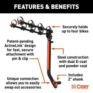 CURT ActiveLink SE 4-Bike Rack with Revolutionary Hitch System CURT bike rack with ActiveLink hitch system holds 4 bikes securely for safe travel.