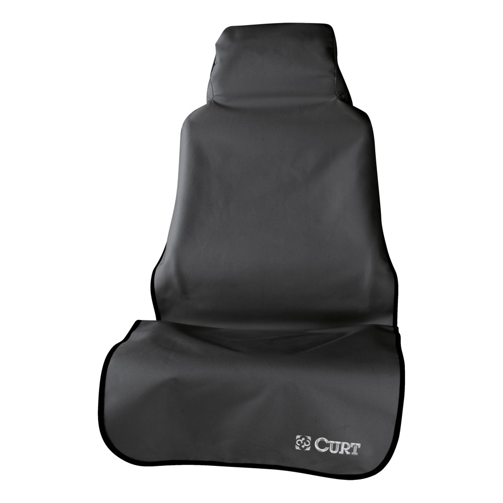 CURT Seat Defender Universal Car Seat Cover for Bucket Seats CURT Seat Defender car seat cover installed on a black bucket seat, protecting against spills and dirt