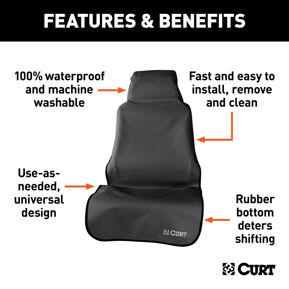 CURT Seat Defender Universal Car Seat Cover for Bucket Seats CURT Seat Defender car seat cover installed on a black bucket seat, protecting against spills and dirt