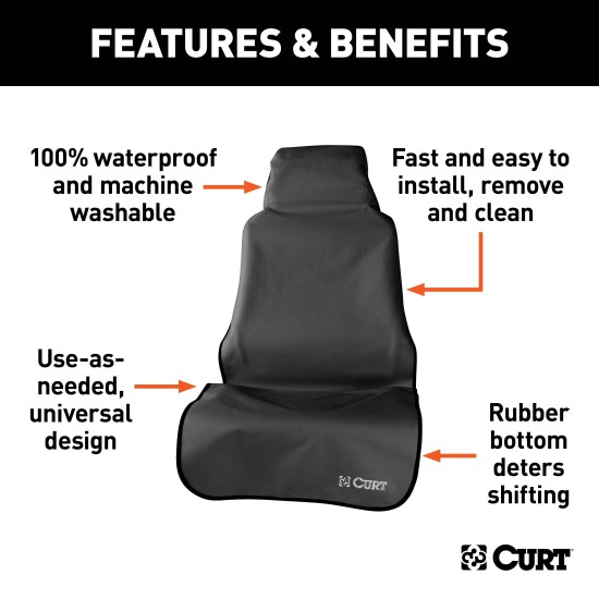 CURT Seat Defender Universal Car Seat Cover for Bucket Seats CURT Seat Defender car seat cover installed on a black bucket seat, protecting against spills and dirt