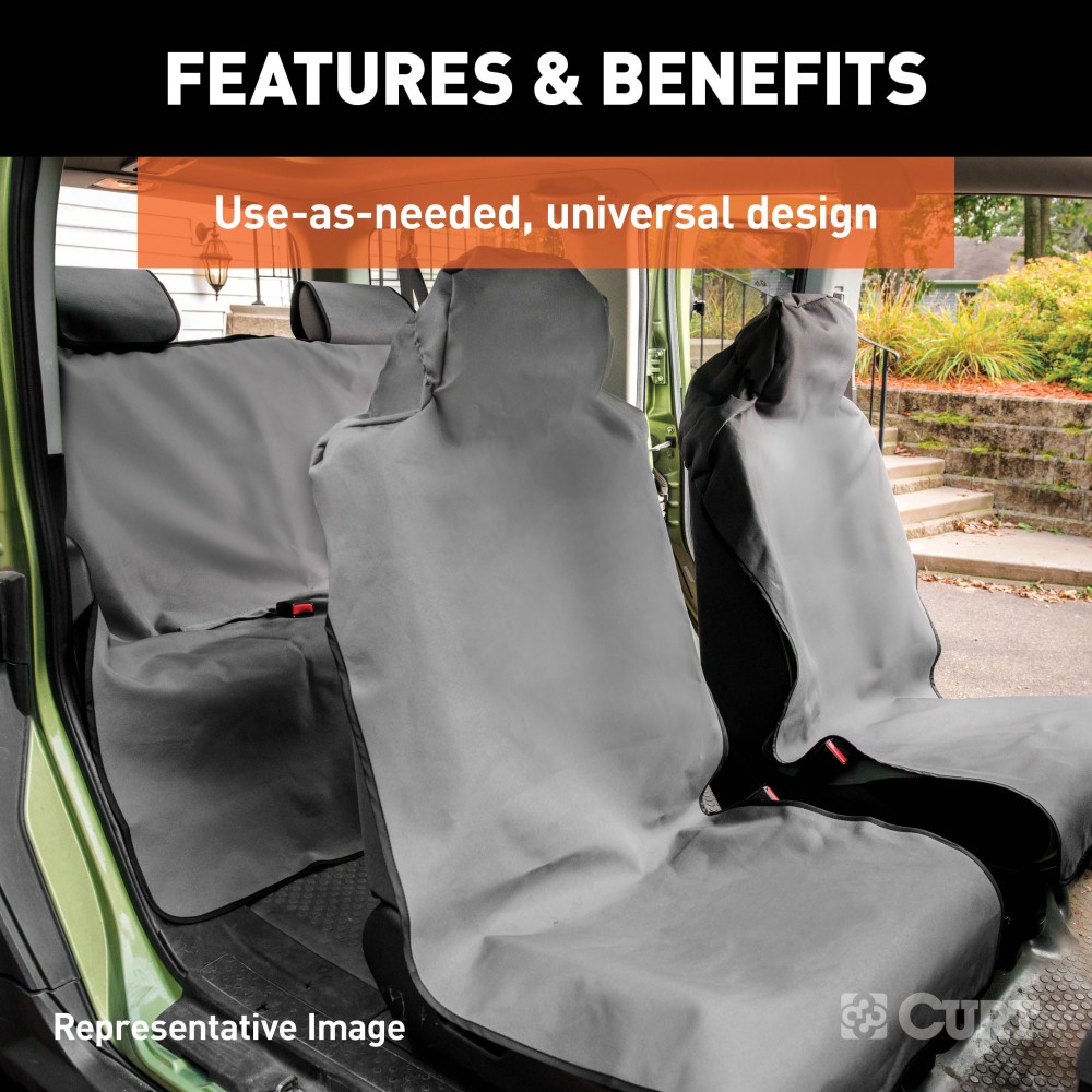CURT Seat Defender Universal Car Seat Cover for Bucket Seats CURT Seat Defender car seat cover installed on a black bucket seat, protecting against spills and dirt