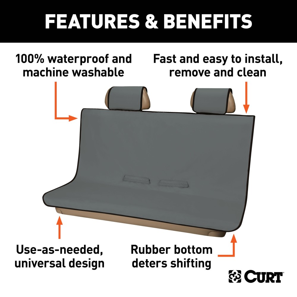 CURT Seat Defender Universal Waterproof Bench Seat Cover Grey CURT Seat Defender bench seat cover offering protection against dirt, spills, and pet dander, easy to install and remove.