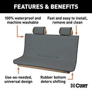 CURT Seat Defender Universal Waterproof Bench Seat Cover Grey CURT Seat Defender bench seat cover offering protection against dirt, spills, and pet dander, easy to install and remove.