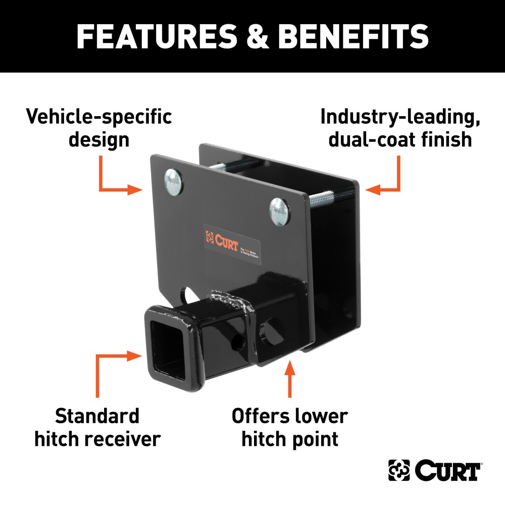 CURT RV Hitch for Reliable Towing and Extra Cargo Space CURT RV hitch mounted on a vehicle, showcasing robust design and 2-inch receiver.