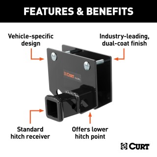 CURT RV Hitch for Reliable Towing and Extra Cargo Space CURT RV hitch mounted on a vehicle, showcasing robust design and 2-inch receiver.