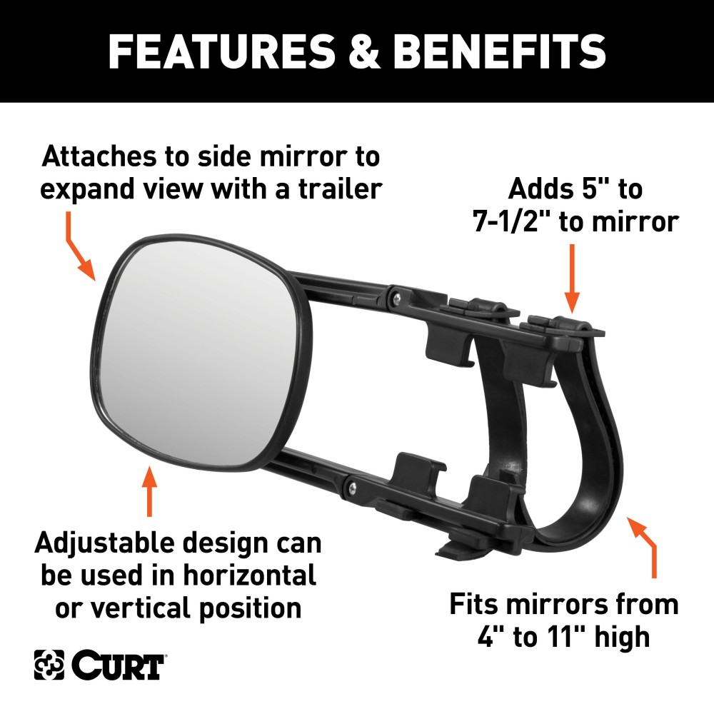 CURT Extended View Tow Mirror for Enhanced Towing Visibility CURT extended view tow mirror attached to a vehicle mirror, enhancing rear visibility while towing.
