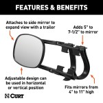 CURT Extended View Tow Mirror for Enhanced Towing Visibility CURT extended view tow mirror attached to a vehicle mirror, enhancing rear visibility while towing.