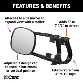 CURT Extended View Tow Mirror for Enhanced Towing Visibility CURT extended view tow mirror attached to a vehicle mirror, enhancing rear visibility while towing.