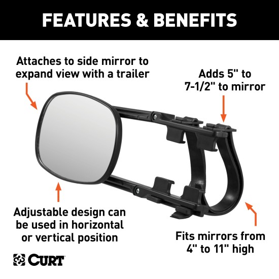 CURT Extended View Tow Mirror for Enhanced Towing Visibility CURT extended view tow mirror attached to a vehicle mirror, enhancing rear visibility while towing.