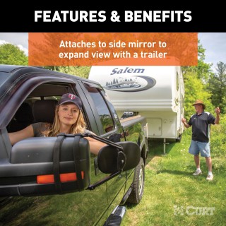 CURT Extended View Tow Mirror for Enhanced Towing Visibility CURT extended view tow mirror attached to a vehicle mirror, enhancing rear visibility while towing.