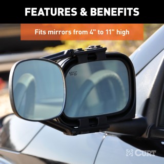 CURT Extended View Tow Mirror for Enhanced Towing Visibility CURT extended view tow mirror attached to a vehicle mirror, enhancing rear visibility while towing.