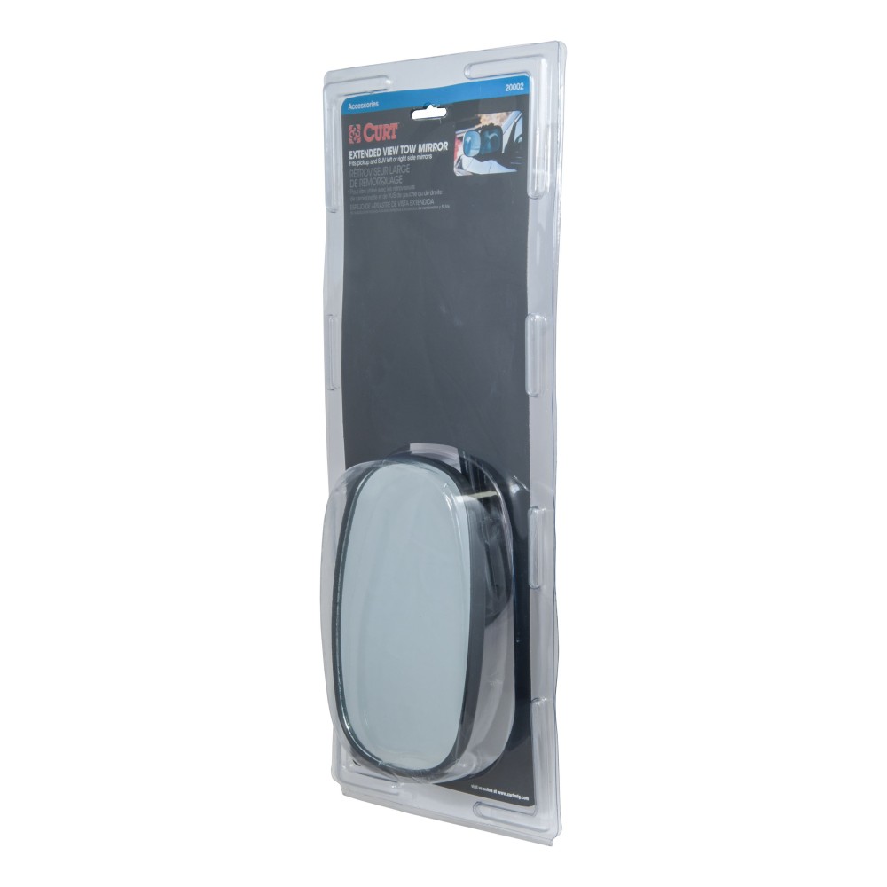 CURT Extended View Tow Mirror for Enhanced Towing Visibility CURT extended view tow mirror attached to a vehicle mirror, enhancing rear visibility while towing.