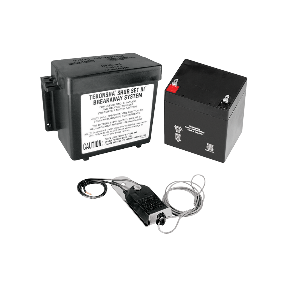Complete Trailer Breakaway System for 1-4 Axle Electric Brakes Complete trailer breakaway system for electric brakes with weather-resistant case and battery components.