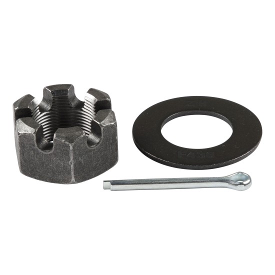 Lippert Spindle Nut Retainer Kit with Castle Nut and Washer Lippert spindle nut retainer kit featuring a 6-slot castle nut, round washer, and cotter pin for axle maintenance.