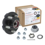 Lippert Brake Hub Assembly Compatible with Multiple Wheel Sizes Lippert brake hub assembly with lug nuts, dust cap, and spindle nut for various wheel sizes.