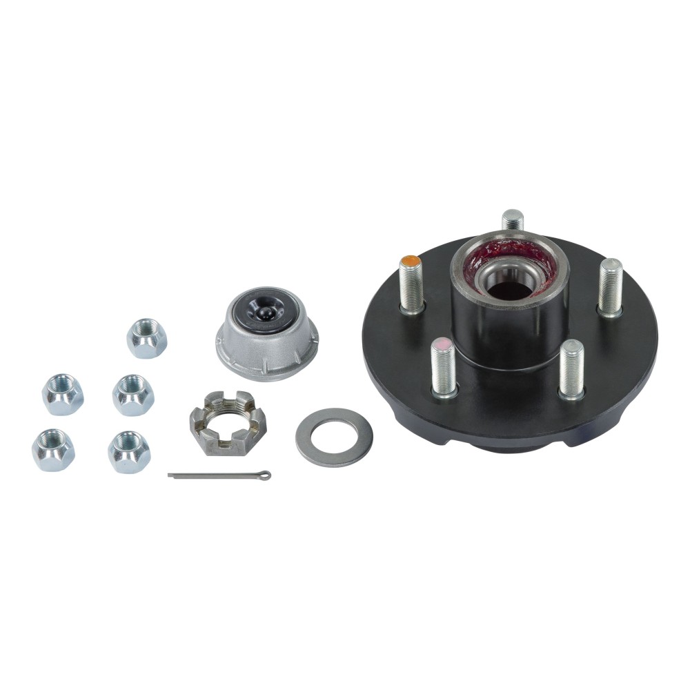 Lippert Brake Hub Assembly Compatible with Multiple Wheel Sizes Lippert brake hub assembly with lug nuts, dust cap, and spindle nut for various wheel sizes.