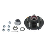 Lippert Brake Hub Assembly Compatible with Multiple Wheel Sizes Lippert brake hub assembly with lug nuts, dust cap, and spindle nut for various wheel sizes.