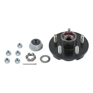 Lippert brake hub assembly with lug nuts, dust cap, and spindle nut for various wheel sizes.