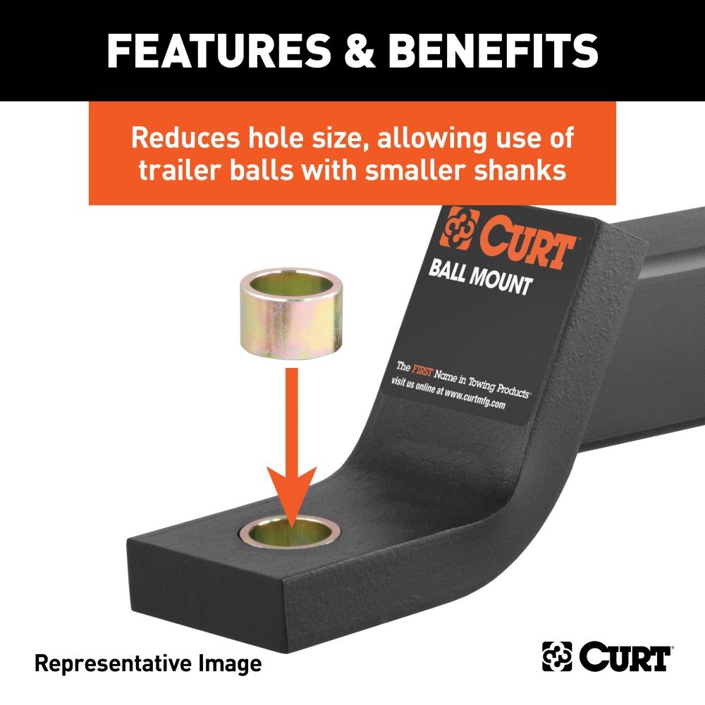 CURT Reducer Bushing for Trailer Ball Fitment, 1-3/8 to 1-1/4 Inch CURT reducer bushing with yellow zinc finish, reducing hole size for trailer ball fitment.
