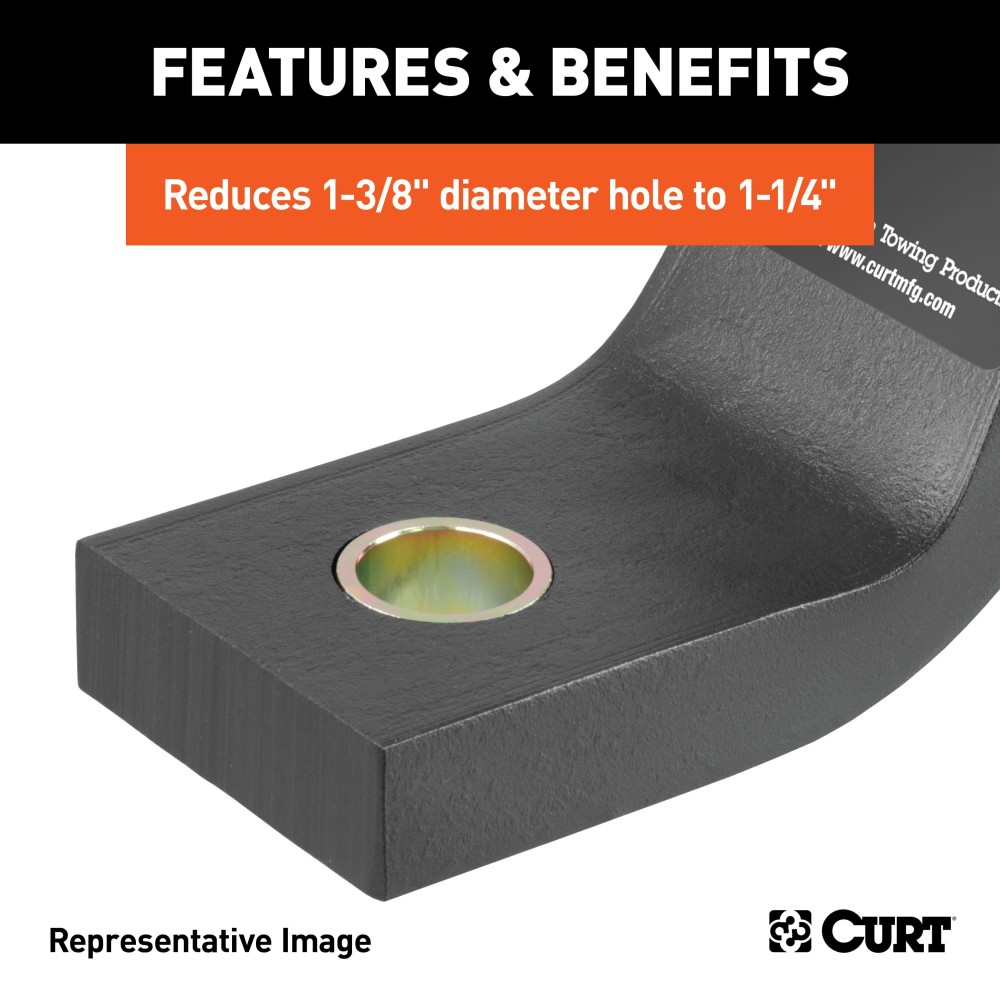 CURT Reducer Bushing for Trailer Ball Fitment, 1-3/8 to 1-1/4 Inch CURT reducer bushing with yellow zinc finish, reducing hole size for trailer ball fitment.
