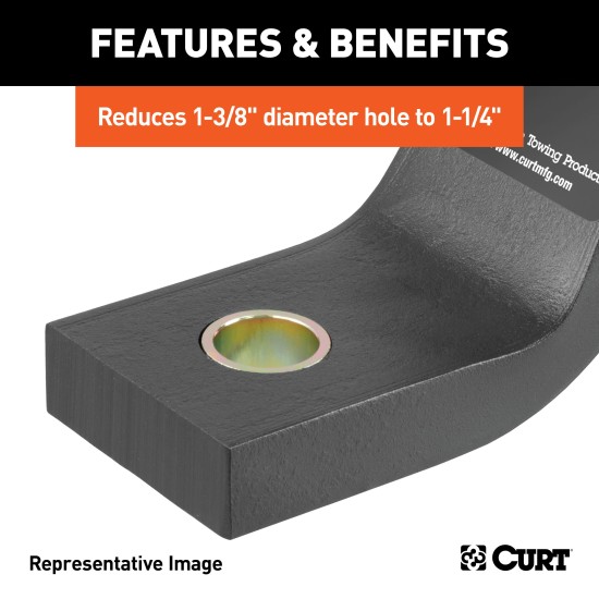 CURT Reducer Bushing for Trailer Ball Fitment, 1-3/8 to 1-1/4 Inch CURT reducer bushing with yellow zinc finish, reducing hole size for trailer ball fitment.