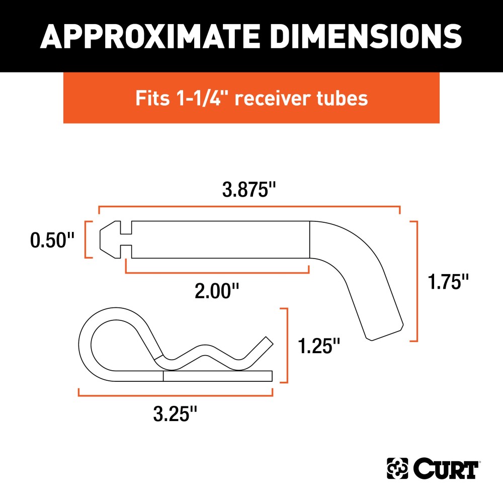 CURT 1/2" solid steel hitch pin with zinc finish for towing CURT 1/2 inch hitch pin with zinc finish, designed for towing, fits 1-1/4 inch receivers