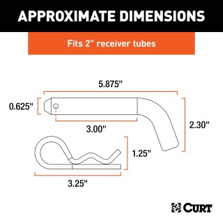 CURT 5/8 Inch Hitch Pin with Zinc Finish and Retainer Clip CURT 5/8 inch hitch pin with zinc finish, featuring a bent handle and retainer clip, ideal for 2 inch receiver tubes.