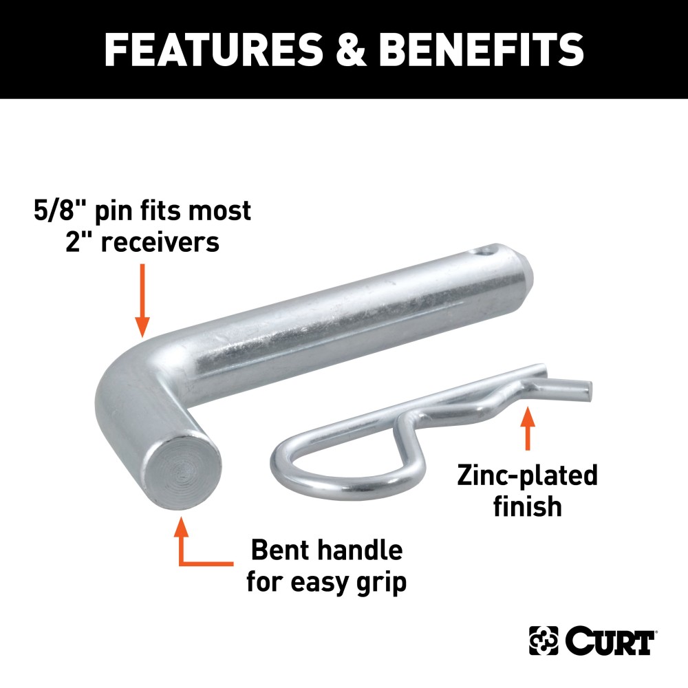 CURT 5/8 Inch Hitch Pin with Zinc Finish and Retainer Clip CURT 5/8 inch hitch pin with zinc finish, featuring a bent handle and retainer clip, ideal for 2 inch receiver tubes.