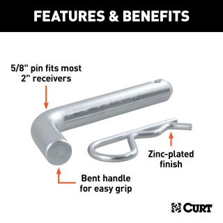 CURT 5/8 Inch Hitch Pin with Zinc Finish and Retainer Clip CURT 5/8 inch hitch pin with zinc finish, featuring a bent handle and retainer clip, ideal for 2 inch receiver tubes.